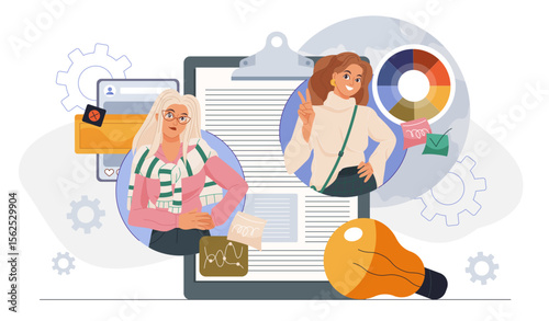 Workflow management concept. Businesswomen near checklist and lightbulb. Productivity and efficiency. Teamwork and organizing effective work process. Flat vector illustration