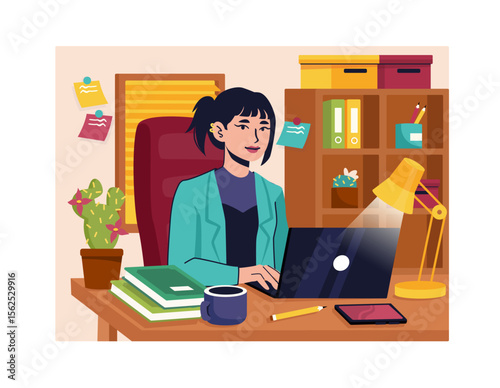 Woman work from home. Young girl with laptop works on Internet. Online earnings. Freelancer or remote employee. Comfortable workplace in apartment. Flat vector illustration