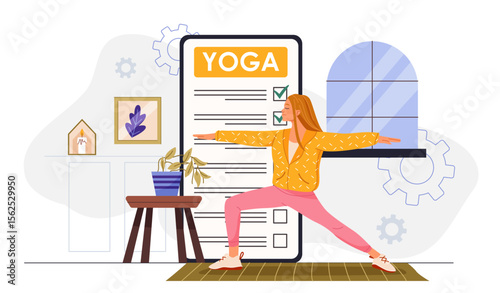 Woman doing yoga at home. Young girl practicing asana. Active lifestyle and sports. Indoor practice and physical activity. Stretching and pilates exercises. Flat vector illustration