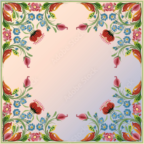 Scarf floral vector pattern from flowers on golden blue gradient background