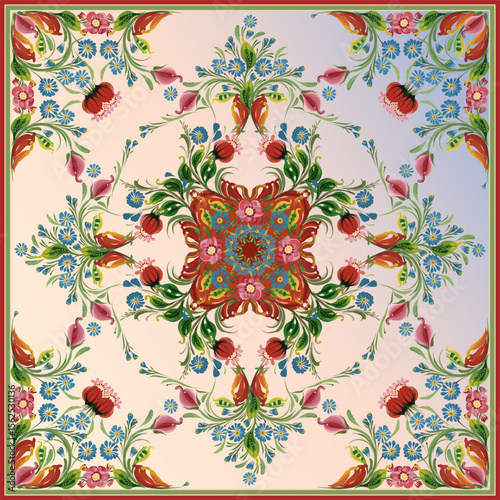 Scarf floral vector pattern from flowers on golden blue gradient background