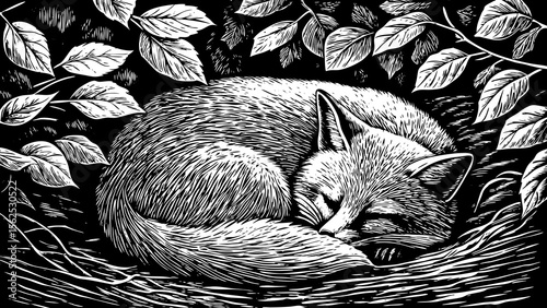 fox curled up in sleep beneath falling leaves, great for nature prints, bedtime stories or forest-themed designs a black and white line art illustration