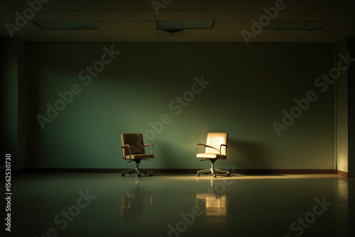 Tidy office with two chairs facing each other, tension in the empty space between