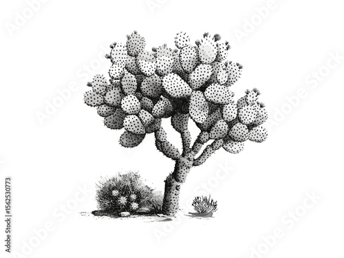 Vintage Prickly Pear Cactus Illustration, botanical tree engraving, hand-drawn desert flora art, trendy rustic wall print, retro nature decor, antique cactus artwork,