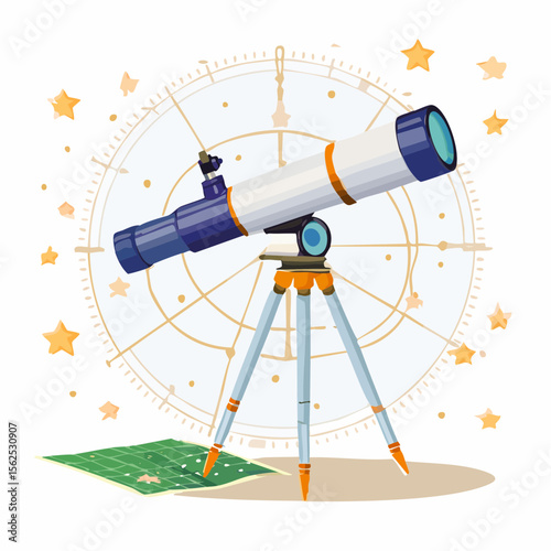 Stargazing telescope angled upward, mounted on a stable tripod, with constellation chart nearby.
