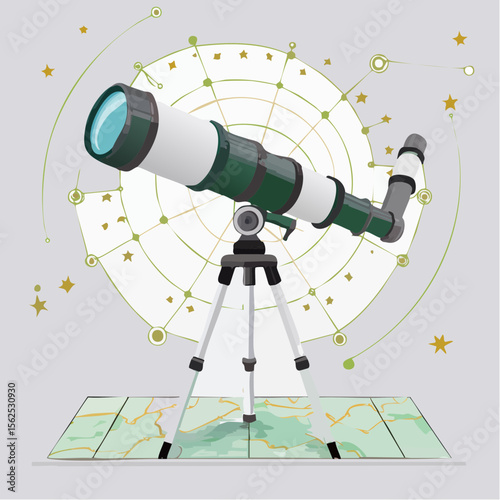 Stargazing telescope angled upward, mounted on a stable tripod, with constellation chart nearby.
