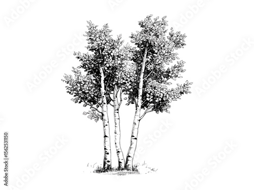 Quaking Aspen tree engraving, vintage woodland sketch, hand-drawn forest print, eco art, rustic leaves design, black ink nature art, retro tree decor, antique tree artwork