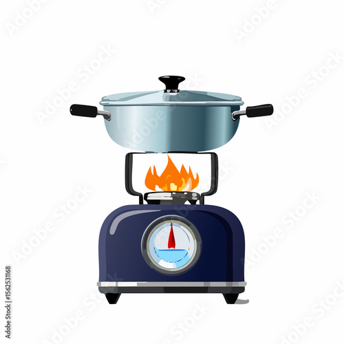 Portable propane stove with visible flame, cooking pot on top, and knob indicators for heat levels.
