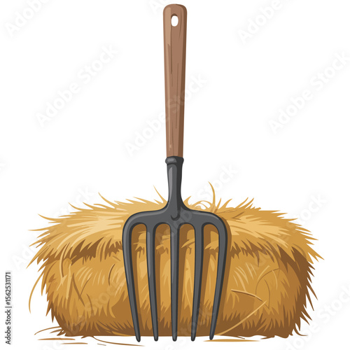 Rustic pitchfork holding golden hay bundle farm harvest tool isolated vector clipart