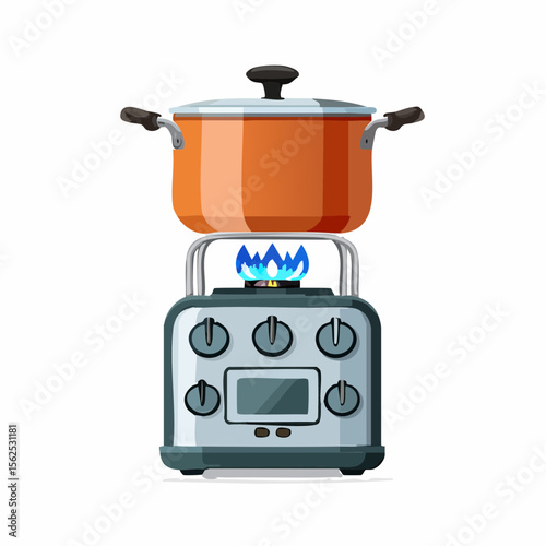 Portable propane stove with visible flame, cooking pot on top, and knob indicators for heat levels.
