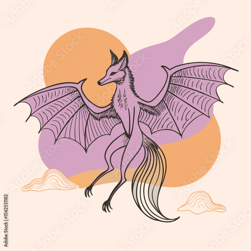 a mythical 'Sky Leaper' — a flying fox-like creature with large, elegant wings and a flowing tail 