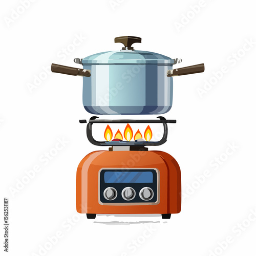 Portable propane stove with visible flame, cooking pot on top, and knob indicators for heat levels.
