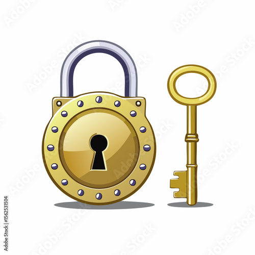 Brass padlock with visible rivets and keyhole detail, paired with a matching antique skeleton key placed beside it.
