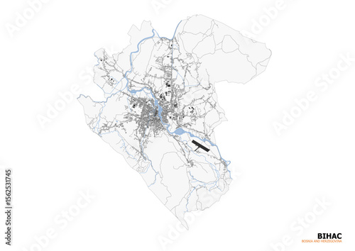Vector map of Bihać, Bosnia and Herzegovina. Shows highways, waterways, and buildings, detailing urban layout and natural features.
