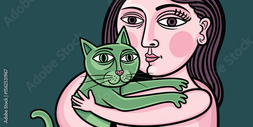 Cat mom hugging her bizarre green cat affectionately with fondness - isolated color background illustration