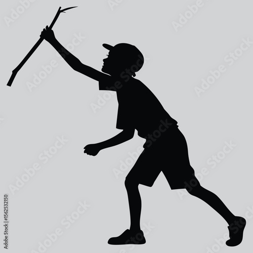 Boy poking something with a stick silhouette vector design art and illustration