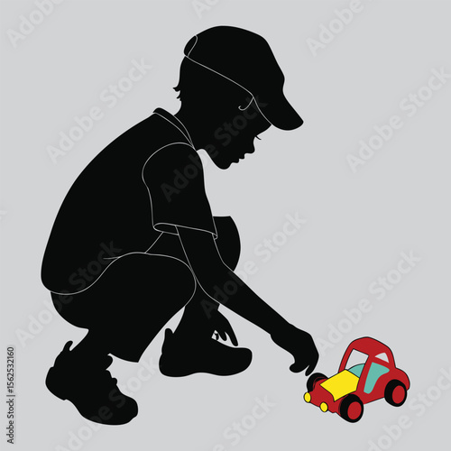 Boy crouching with a toy car silhouette vector design art and illustration