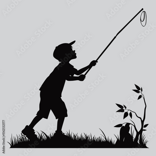 Boy poking something with a stick silhouette vector design art and illustration