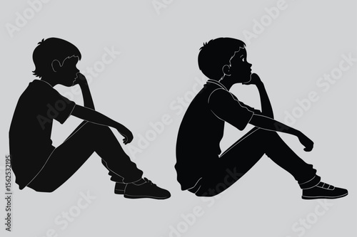 Boy sitting with chin in hand silhouette vector design art and illustration
