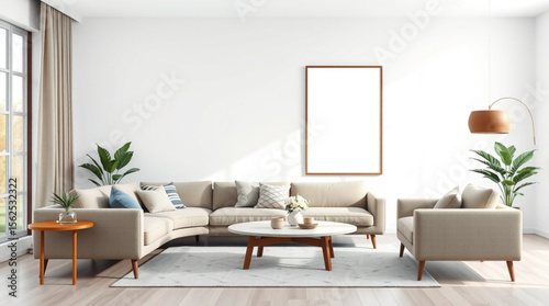 Living room interior with sectional sofa, armchair, coffee table and blank picture frame on the wall created with generated ai