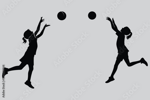 Girl jumping to catch a ball silhouette vector design art and illustration