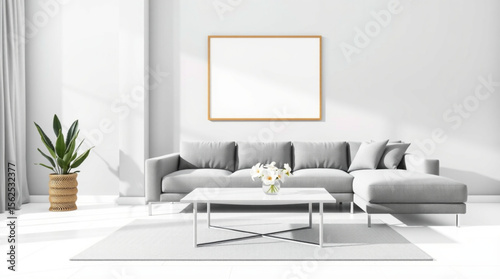 Living room showcasing a gray sectional sofa, white coffee table, and a framed picture on the wall created with generated ai