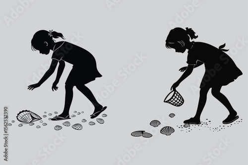 Girl picking up seashells silhouette vector design art and illustration