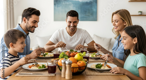 Family eating a healthy meal around the table, lifestyle scene
