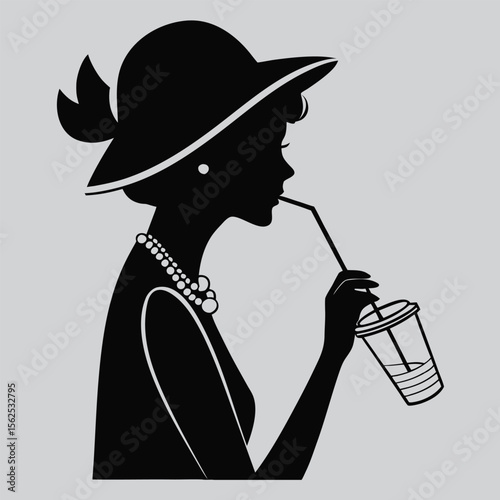 Woman sipping from a straw silhouette vector design art and illustration
