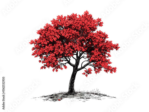 Vintage engraving of red maple tree, hand-drawn red maple leaves, retro nature tree sketch, eco-friendly botanical illustration, old style black sketch, woodland decor, trendy fall leaf design