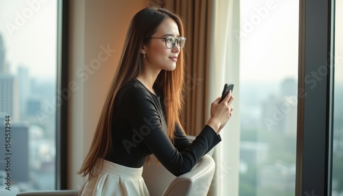 Thoughtful woman gazing out the window while holding her phone Free Download Thoughtful woman gazing out the window while holding her phone - GFXLoad