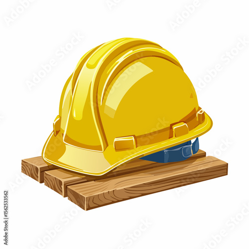 Bright yellow construction helmet with inner suspension bands and a subtle logo on the front, resting on a wooden plank.
