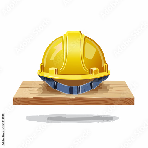 Bright yellow construction helmet with inner suspension bands and a subtle logo on the front, resting on a wooden plank.
