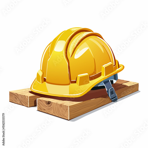 Bright yellow construction helmet with inner suspension bands and a subtle logo on the front, resting on a wooden plank.
