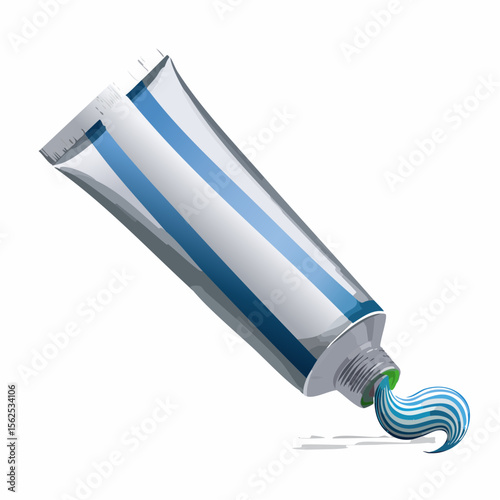 Squeezed metallic toothpaste tube with a twist cap, a squirt of striped paste curling out, and detailed crimped edges.
