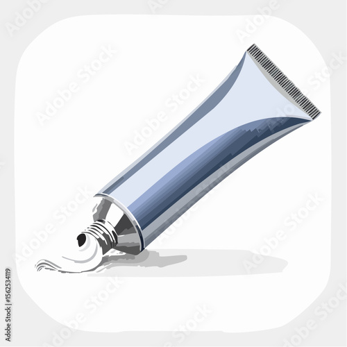 Squeezed metallic toothpaste tube with a twist cap, a squirt of striped paste curling out, and detailed crimped edges.
