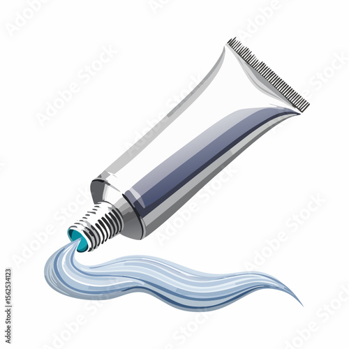 Squeezed metallic toothpaste tube with a twist cap, a squirt of striped paste curling out, and detailed crimped edges.
