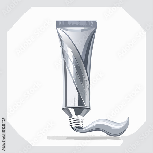 Squeezed metallic toothpaste tube with a twist cap, a squirt of striped paste curling out, and detailed crimped edges.
