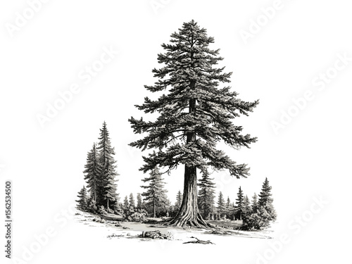 Hand-drawn vintage botanical art, engraving of towering redwoods, retro woodland print, eco-friendly nature tree decor, black sketch, scenic tree illustration, rustic wall art, forest design