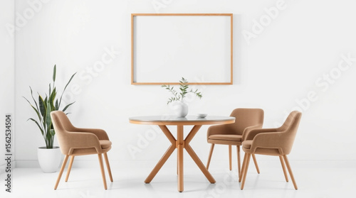 Interior view of a dining room with round table, three chairs, plant and a blank frame on the wall created with generated ai