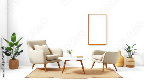 Bright living room with two armchairs, round table, plants and a picture frame on the wall behind created with generated ai
