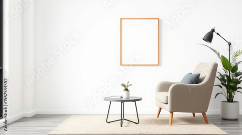 Interior design with beige armchair, wooden framed picture, and plant in a bright white room setting created with generated ai