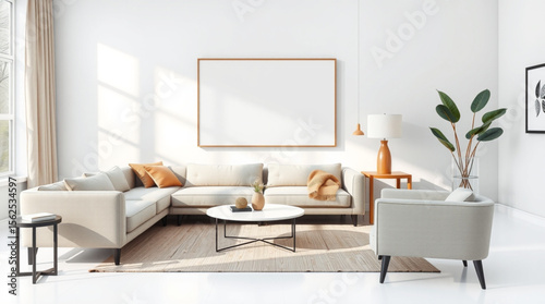 A bright living room featuring a sectional sofa, a round coffee table, and a large blank canvas art piece created with generated ai