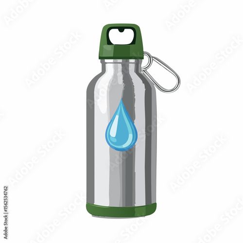 Stainless steel bottle with a matte finish, screw-top lid with carabiner loop, and a water droplet icon label.
