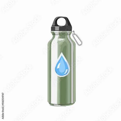 Stainless steel bottle with a matte finish, screw-top lid with carabiner loop, and a water droplet icon label.
