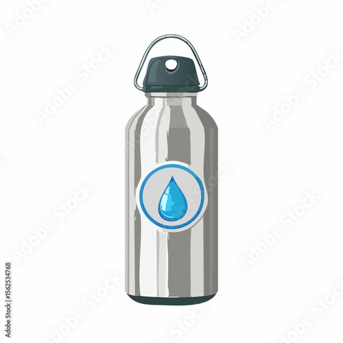 Stainless steel bottle with a matte finish, screw-top lid with carabiner loop, and a water droplet icon label.
