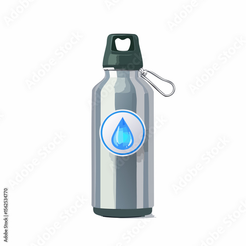 Stainless steel bottle with a matte finish, screw-top lid with carabiner loop, and a water droplet icon label.
