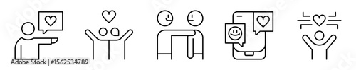 Conjunto de iconos de comunicación afectiva. Expresiones de apoyo y emociones. Empatía, vínculo afectivo, gesto de consuelo, mensaje amoroso y alegría