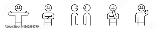 Conjunto de iconos de lenguaje corporal. Gestos y posturas. Apertura emocional, actitud defensiva, conexión, pensativo, saludo. Ilustración vectorial.