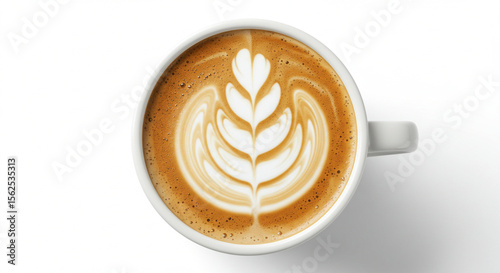 top view of coffee cappuccino spiral milk isolated on white background